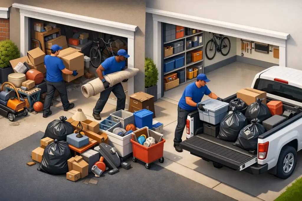 Garage cleanout with junk removal team organizing and loading items.